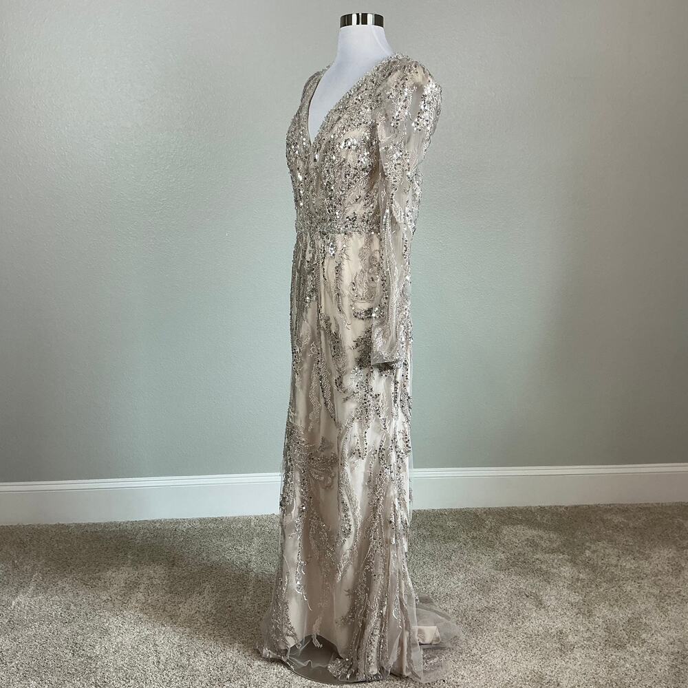 Mac Duggal 20349 Champagne Taupe Evening Gown Sequined Long Sleeve Dress Size 8 - Picture 5 of 12